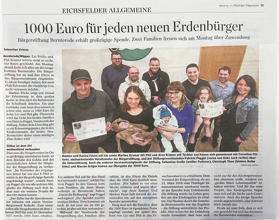 1.000 € Baby-Prämie durch Spende